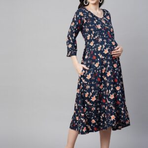 MomToBe Women's Rayon Calf Length Denim Blue Maternity Dress